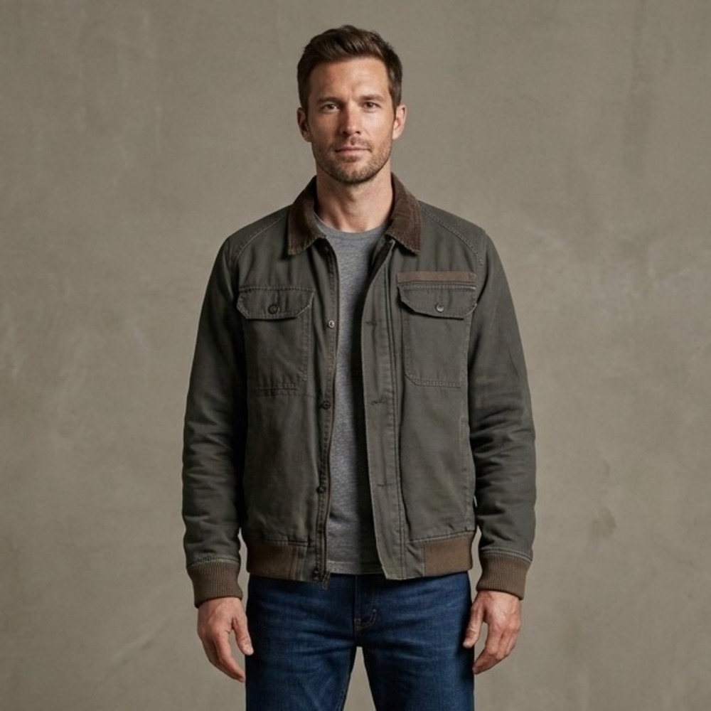 ALL-SON Mens Utility Jacket Small Olive Green Cotton Canvas Workwear Corduroy